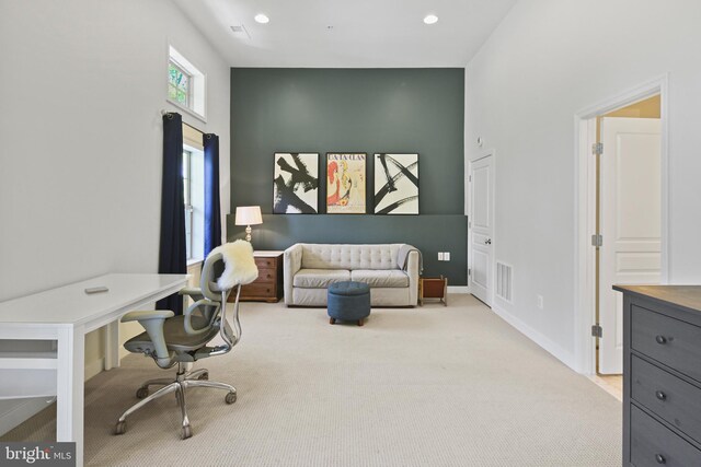 home office with carpet floors, recessed lighting, baseboards, and visible vents