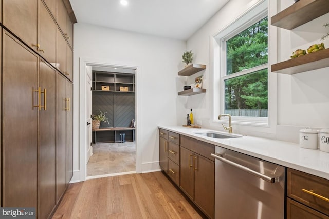 38 Birchall Dr, Haddonfield, NJ 08033 - kitchen with stainless steel dishwasher, open shelves, light wood-style floors, light countertops, and recessed lighting