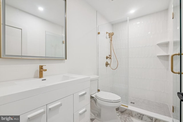 38 Birchall Dr, Haddonfield, NJ 08033 - bathroom featuring marble look tile flooring, a shower stall, vanity, and recessed lighting
