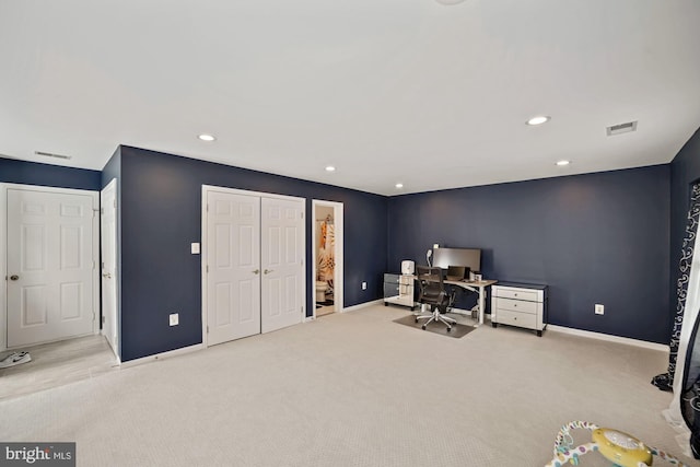 carpeted office with recessed lighting, visible vents, and baseboards