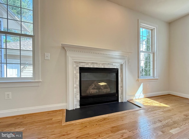 interior details featuring a premium fireplace, wood finished floors, and baseboards