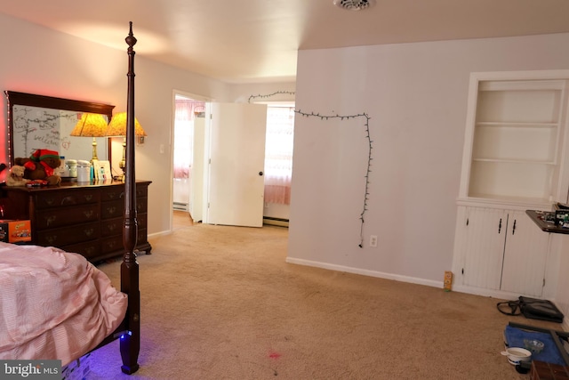 bedroom featuring light carpet and baseboards