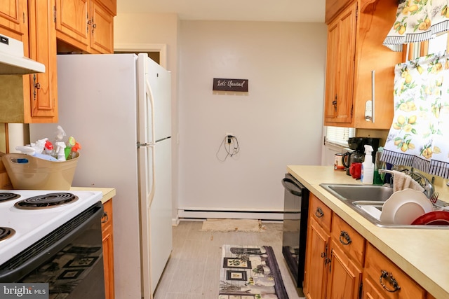 kitchen featuring light countertops, dishwasher, a sink, a baseboard heating unit, and white range with electric cooktop