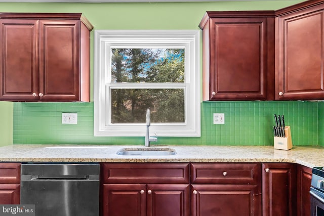 kitchen featuring dark brown cabinets, tasteful backsplash, stainless steel dishwasher, and a sink