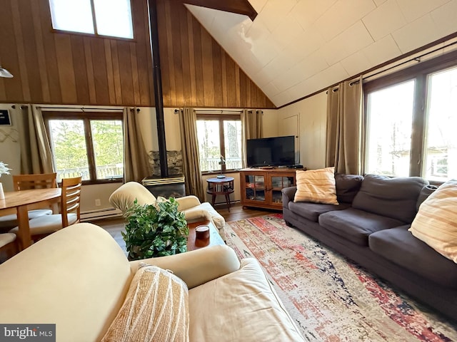 437 Orono Dr, Pocono Lake, PA 18347 - living area featuring plenty of natural light, baseboard heating, and a wood stove
