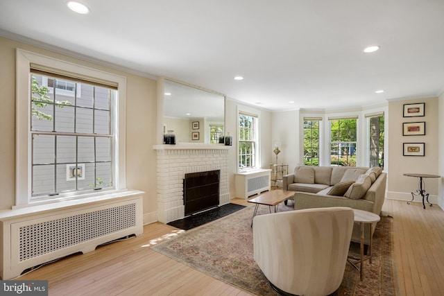 living area featuring ornamental molding, a fireplace, radiator heating unit, and hardwood / wood-style floors