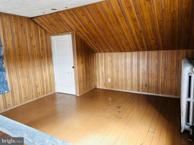 19 S 3rd St, Shamokin, PA 17872 - bonus room featuring lofted ceiling, hardwood / wood-style floors, baseboards, radiator heating unit, and wooden walls