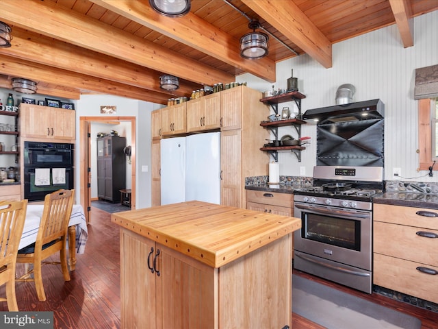 4437 Stonewall Jackson Hwy, Bentonville, VA 22610 - kitchen with open shelves, light brown cabinets, freestanding refrigerator, dobule oven black, and gas stove