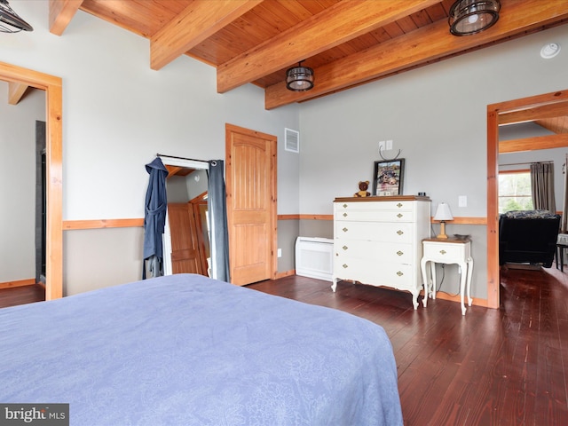 4437 Stonewall Jackson Hwy, Bentonville, VA 22610 - bedroom featuring hardwood / wood-style flooring, wood ceiling, baseboards, beam ceiling, and visible vents