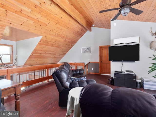 4437 Stonewall Jackson Hwy, Bentonville, VA 22610 - living area featuring wood finished floors, an AC wall unit, wooden ceiling, lofted ceiling with beams, and ceiling fan