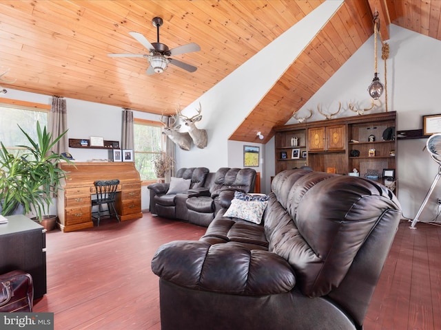 4437 Stonewall Jackson Hwy, Bentonville, VA 22610 - living area with wood ceiling, vaulted ceiling with beams, a ceiling fan, and hardwood / wood-style floors