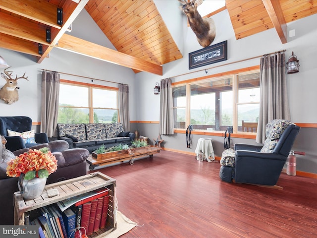 4437 Stonewall Jackson Hwy, Bentonville, VA 22610 - living room with high vaulted ceiling, wooden ceiling, wood finished floors, and beam ceiling