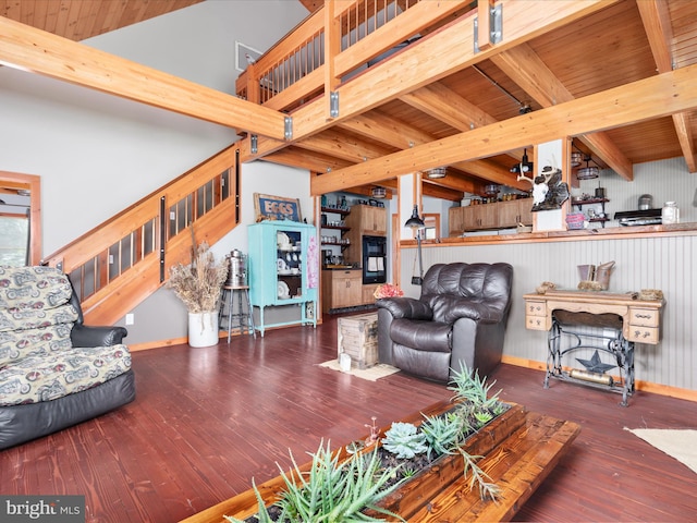 4437 Stonewall Jackson Hwy, Bentonville, VA 22610 - living area featuring stairs, hardwood / wood-style flooring, wood ceiling, and beam ceiling