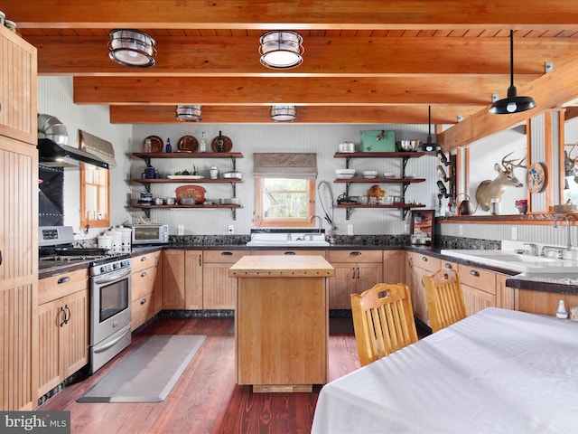 4437 Stonewall Jackson Hwy, Bentonville, VA 22610 - kitchen featuring open shelves, stainless steel range with gas stovetop, wooden counters, and wooden ceiling