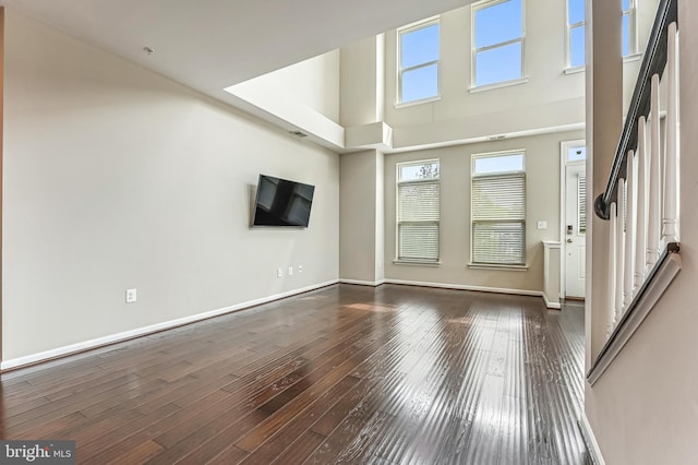 543 Leftwich Ln, Annapolis, MD 21401 - unfurnished living room with dark wood-type flooring, baseboards, and a high ceiling