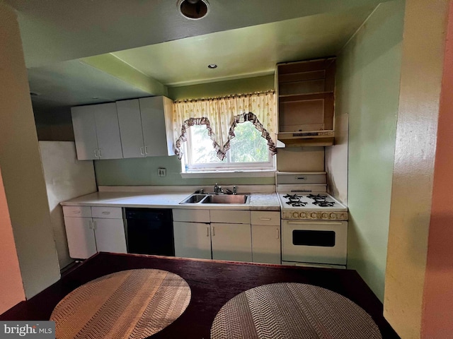 kitchen featuring a sink, white gas range oven, under cabinet range hood, black dishwasher, and white cabinetry
