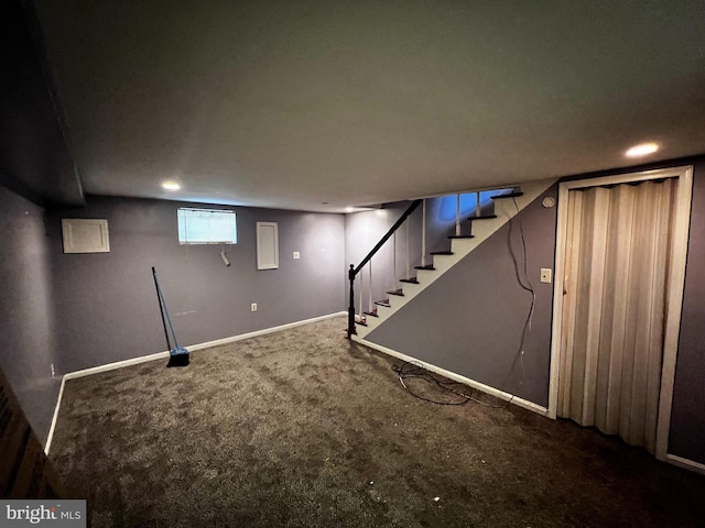 basement featuring baseboards, recessed lighting, carpet, and stairs