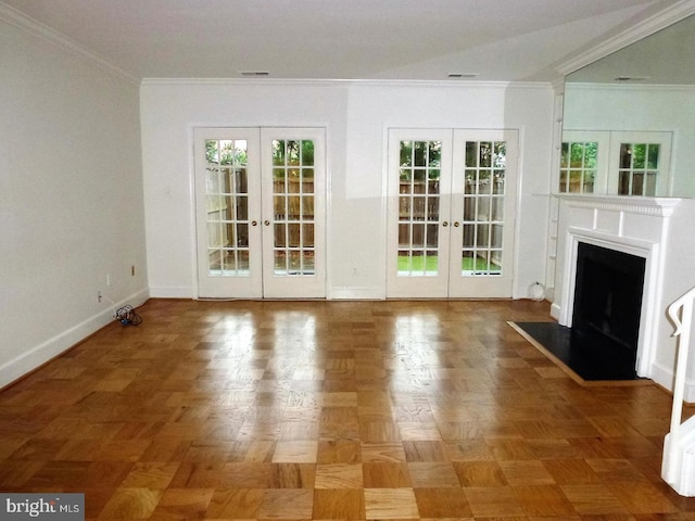 3275 Sutton Pl NW Unit C, Washington, DC 20016 - unfurnished living room with visible vents, french doors, baseboards, and crown molding