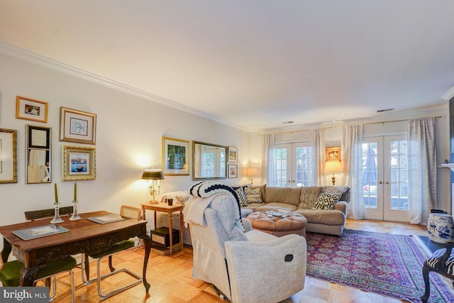 3275 Sutton Pl NW Unit C, Washington, DC 20016 - living room with ornamental molding, visible vents, and french doors