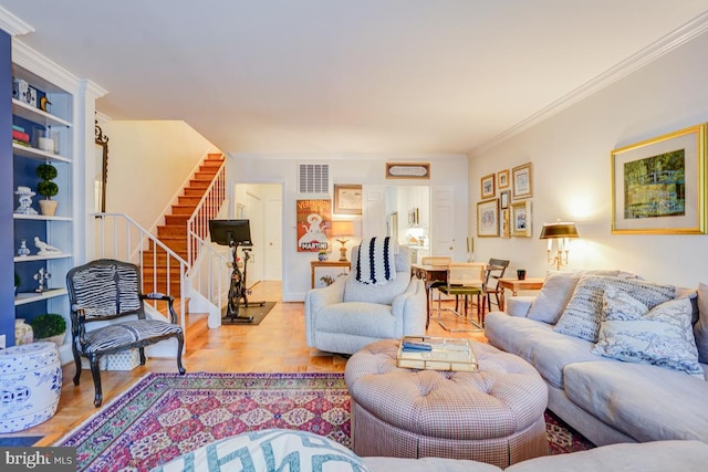 3275 Sutton Pl NW Unit C, Washington, DC 20016 - living room featuring visible vents, ornamental molding, and stairs