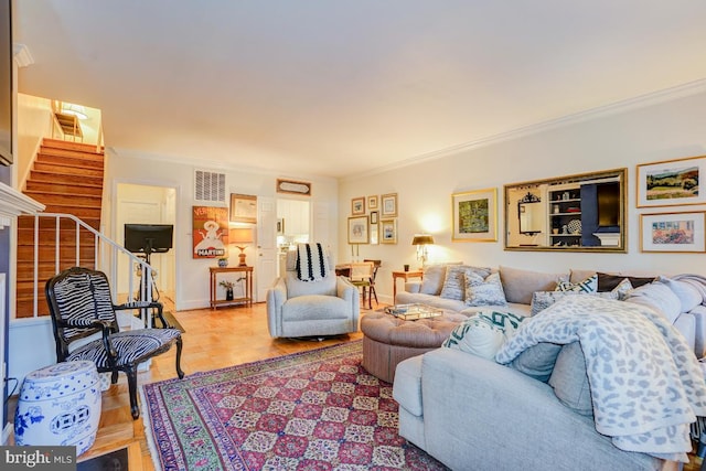 3275 Sutton Pl NW Unit C, Washington, DC 20016 - living area featuring ornamental molding, visible vents, stairway, and baseboards