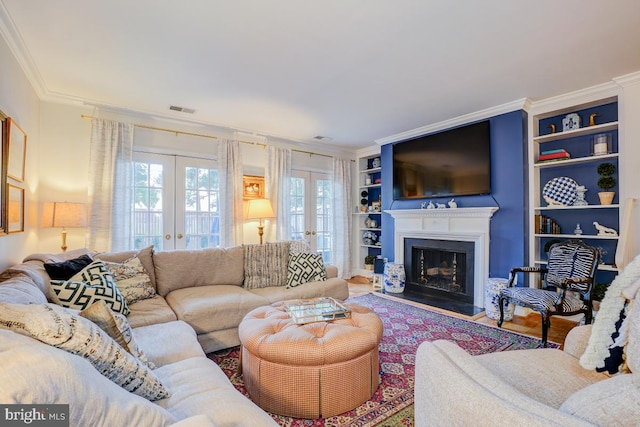 3275 Sutton Pl NW Unit C, Washington, DC 20016 - living area with ornamental molding, french doors, visible vents, and built in features