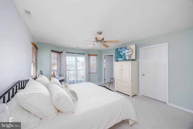 bedroom featuring visible vents, access to exterior, baseboards, light colored carpet, and ceiling fan