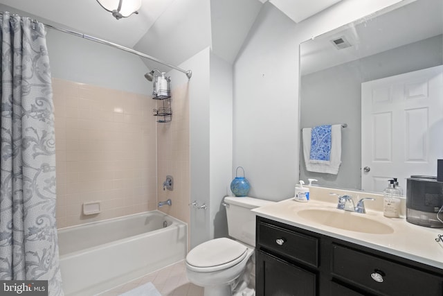 bathroom with shower / tub combo, visible vents, toilet, tile patterned floors, and vanity