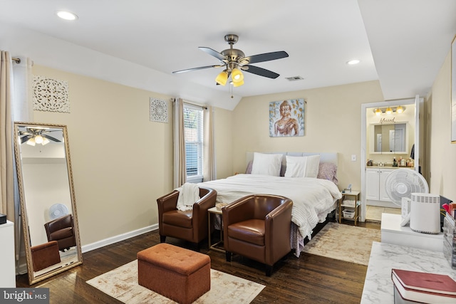 bedroom featuring visible vents, recessed lighting, baseboards, and dark wood-style floors