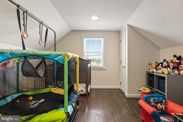 bedroom featuring wood finished floors, baseboards, and lofted ceiling