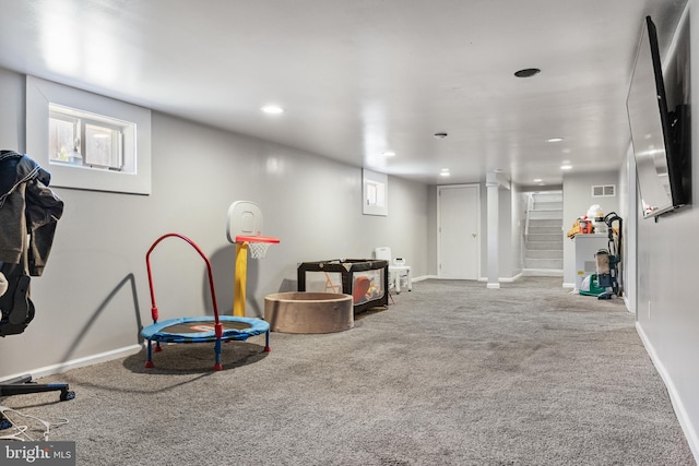 recreation room featuring baseboards, carpet, recessed lighting, and visible vents