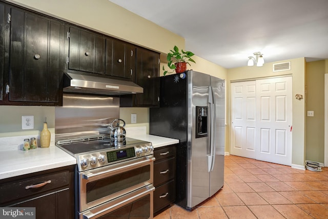 4985 Tall Oaks Dr, Monrovia, MD 21770 - kitchen with stainless steel appliances, visible vents, under cabinet range hood, light countertops, and light tile patterned flooring