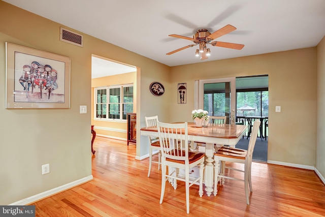 4985 Tall Oaks Dr, Monrovia, MD 21770 - dining room with light wood-type flooring, ceiling fan, a healthy amount of sunlight, and visible vents
