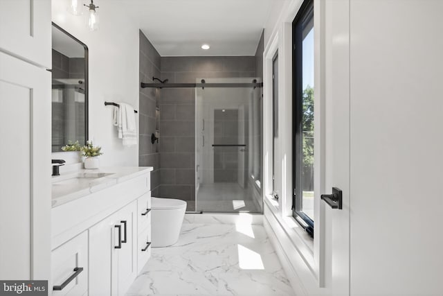 bathroom with marble finish floor, a wealth of natural light, and a stall shower
