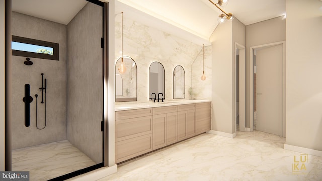 full bathroom with marble finish floor and vanity