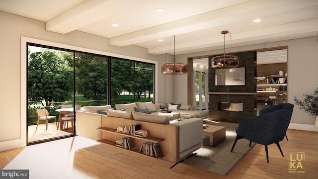 living area featuring recessed lighting, an inviting chandelier, wood finished floors, a multi sided fireplace, and beamed ceiling