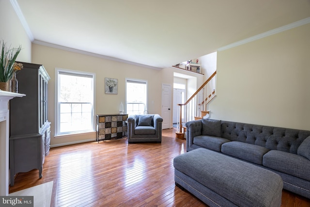 350 Rotterham Dr, Hedgesville, WV 25427 - living area featuring hardwood / wood-style floors, stairway, and ornamental molding