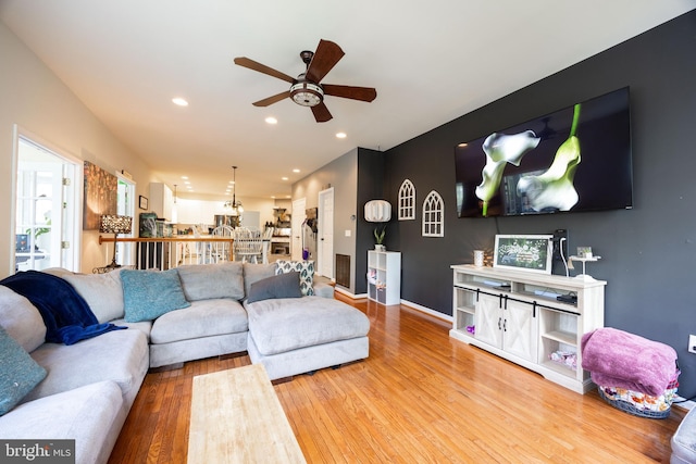 350 Rotterham Dr, Hedgesville, WV 25427 - living room featuring baseboards, recessed lighting, wood finished floors, and a ceiling fan