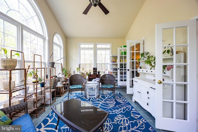 350 Rotterham Dr, Hedgesville, WV 25427 - sitting room with high vaulted ceiling, ceiling fan, dark tile patterned flooring, and french doors