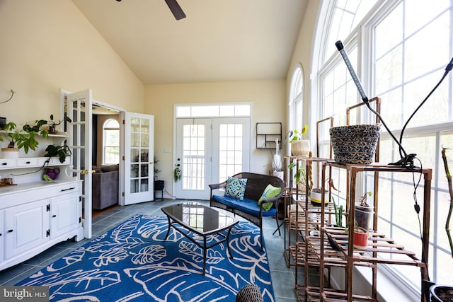 350 Rotterham Dr, Hedgesville, WV 25427 - living room with high vaulted ceiling, ceiling fan, french doors, and dark tile patterned flooring