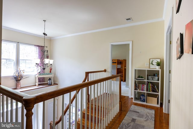 350 Rotterham Dr, Hedgesville, WV 25427 - corridor featuring crown molding, an upstairs landing, visible vents, and wood finished floors