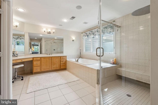 full bath featuring a shower stall, visible vents, a bath, vanity, and tile patterned flooring