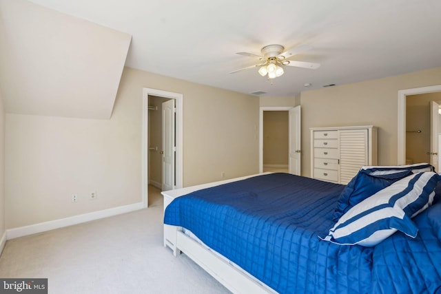 bedroom featuring baseboards, ceiling fan, and carpet
