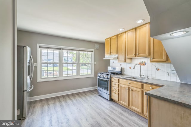 kitchen with decorative backsplash, stainless steel appliances, light wood-style floors, dark countertops, and a sink