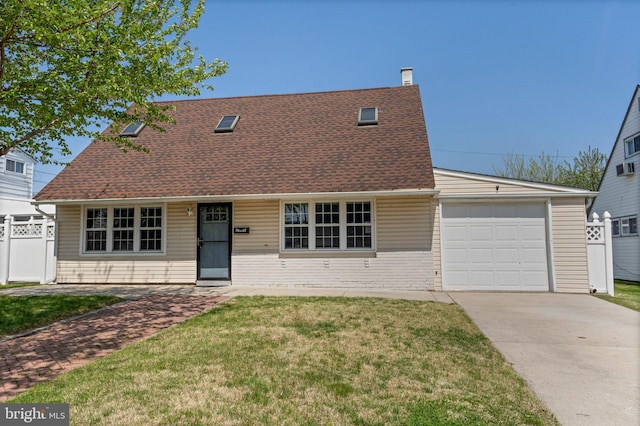 cape cod house with fence, a front lawn, driveway, and an attached garage