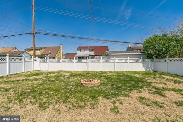 view of yard with an outdoor fire pit and a fenced backyard