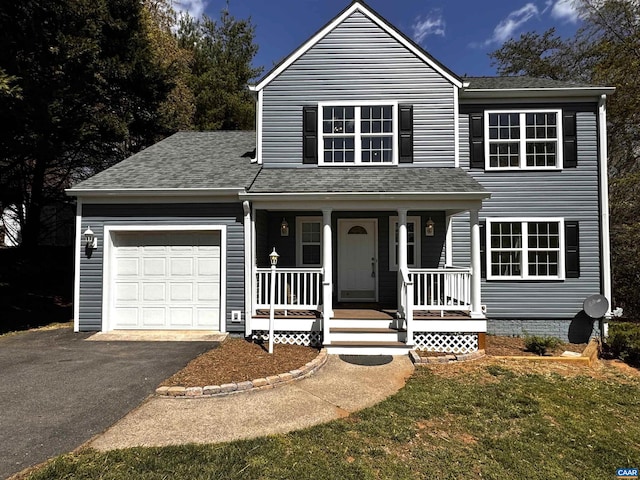 276 Rustling Oaks Way, Ruckersville, VA 22968 - traditional home with a shingled roof, a front lawn, driveway, covered porch, and a garage