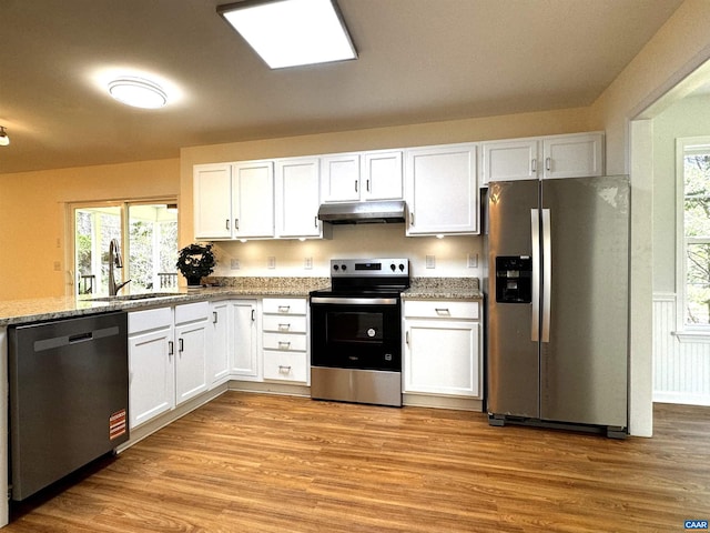 276 Rustling Oaks Way, Ruckersville, VA 22968 - kitchen with stainless steel appliances, a sink, white cabinetry, light stone counters, and under cabinet range hood