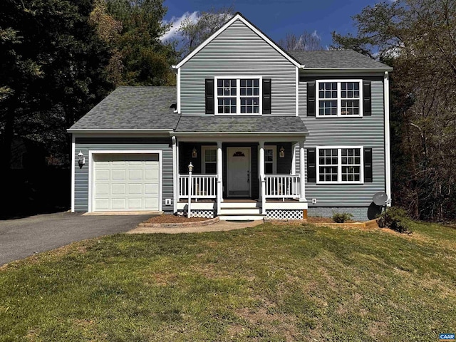 276 Rustling Oaks Way, Ruckersville, VA 22968 - traditional-style house with a garage, a porch, a front lawn, and aphalt driveway