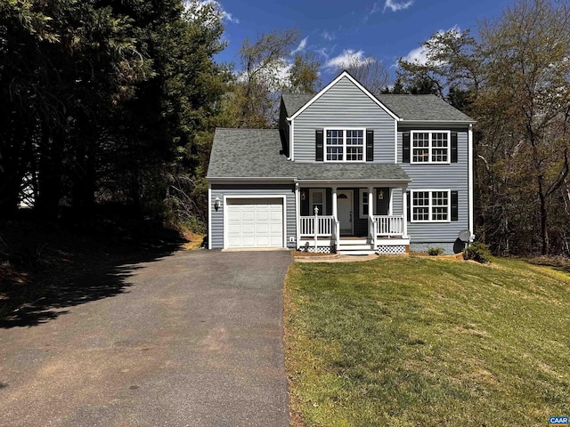 276 Rustling Oaks Way, Ruckersville, VA 22968 - view of front facade featuring aphalt driveway, a front lawn, covered porch, roof with shingles, and a garage